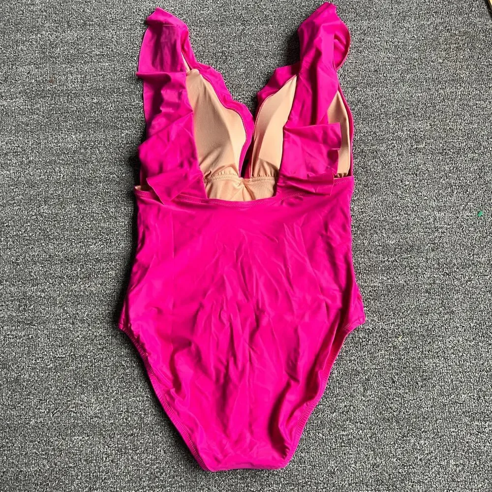 J. Crew Pink Ruffle One Piece Swimsuit NWT Size 14 - Picture 8 of 10
